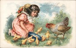 Loving Easter Greetings, Girl Feeding Chicks, Tuck's Postcard