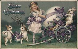 Easter Greetings Girl with Giant Egg and Bunnies Postcard