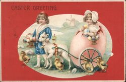 Easter Greeting, Children with Lamb, Chicks, Egg Cart Postcard