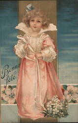 Bonne Fête, Little Girl in Pink Dress with White Lace Collar and Sleeves Postcard