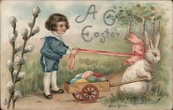 Boy with Easter Bunny Pulling Wagon of Eggs Postcard