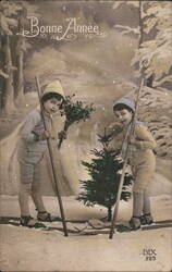 Bonne Année, Two Children with Skis, Christmas Tree Dix Postcard Postcard Postcard