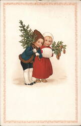 Two Children Carrying Evergreen Branches Postcard