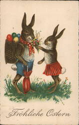 Two Easter Bunnies with Basket of Eggs and Flowers - Froliche Ostern Postcard