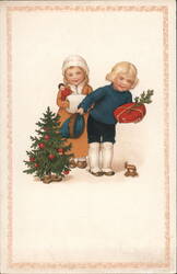 Antique Christmas Postcard, Children with Gifts and Tree Postcard Postcard