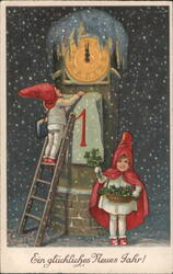 Happy New Year Elves Changing Date on Clock Tower Postcard