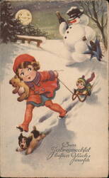 Vintage Christmas Postcard - Girl, Sled, Snowman Postcard