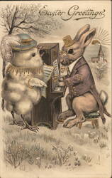 Easter Greetings, Rabbit Playing Piano, Chick Dancing Postcard