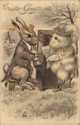 Easter Greetings - Rabbit Playing Piano, Chick Singing Postcard