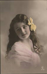 Young Girl with Yellow Bow, Pink Dress Postcard