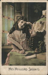 Young Girl Writing, Mes Meilleurs Souhaits, French Postcard Postcard