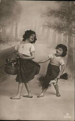 Two Barefoot Girls with Flowers and Basket Postcard