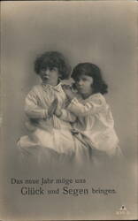 Two Children Praying, New Year's Postcard, German, c1920's Postcard