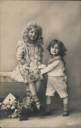 Antique Photo Postcard, Two Young Children with Flowers Postcard Postcard