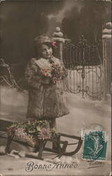 Bonne Année, Fur Coat Girl with Flowers & Sled Postcard