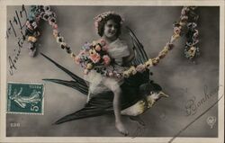 Little Girl Riding Swallow Bird, Flowers, French Postcard Postcard