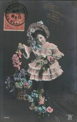 Little Girl with Flowers, French Postcard Postcard