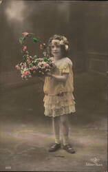 Little Girl Holding Flower Basket, Vintage Postcard Postcard