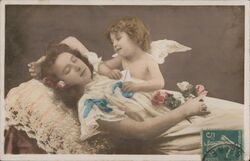 Sleeping Girl with Cupid and Roses, French Postcard Postcard