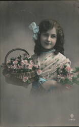 Young Girl with Basket of Flowers, Blue Bow Girls Postcard Postcard Postcard