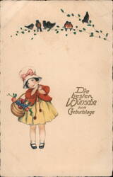 Little Girl with Basket of Flowers, Birthday Greetings Postcard