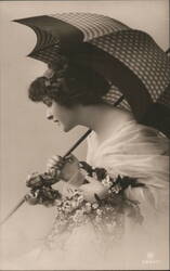 Woman with Parasol and Flowers Postcard