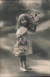 Bonne Fete, Little Girl with Baskets of Flowers Postcard