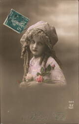 Little Girl with Roses, Bonne Fete Postcard