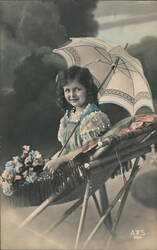 Little Girl with Parasol and Flowers Postcard