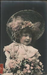 Little Girl with Large Straw Hat & Flowers Postcard