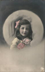 Young Girl with Pink and Red Roses, Pink Bow Postcard