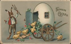 Fröhliche Ostern - Easter Bunny with Chicks and Egg Cart Postcard