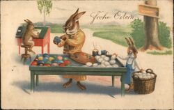 Frohe Ostern - Easter Bunnies Painting Eggs Postcard