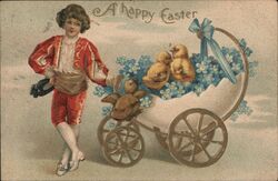 Happy Easter Boy with Chicks in Carriage Postcard Postcard Postcard