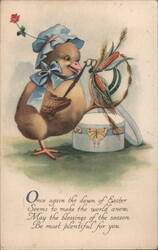 Easter Chick with Bonnet, Butterfly & Wheat Postcard