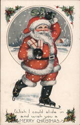 Santa Ice Skating with Presents, Vintage Christmas Postcard Postcard