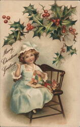 Little Girl Sewing Quilt, Merry Christmas Greetings Postcard