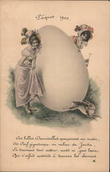 1900 Easter Postcard, Two Women, Giant Egg, Rabbit Postcard