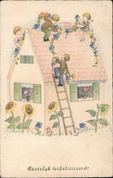 Children Decorating a Play House Roof with Flowers Postcard