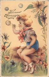 Boy Blowing Bubbles, Heureux Anniversaire Postcard