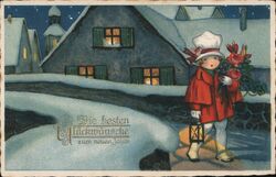 Child with Lantern & Flowers, New Year's Greetings Postcard