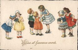 Six Children with Flowers, Bonne et heureuse année Postcard