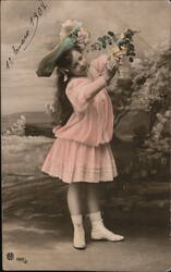 Little Girl in Pink Dress & Hat Holding Flowers Postcard