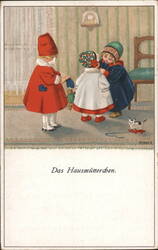 Two Little Girls Dress a Doll, Kitten with Toy Pauli Ebner Postcard Postcard Postcard