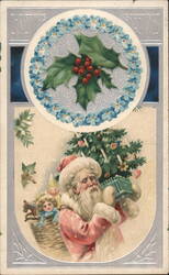 Santa Claus Carrying Christmas Tree and Toys Postcard Postcard Postcard