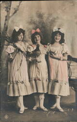 Three Girls with Pussy Willow Branches, Chicken, and Nest Postcard