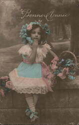 Bonne Annee, Girl with Flowers Postcard