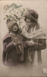 Bonne Année, Happy New Year, Woman & Child with Mistletoe Postcard