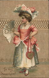 Little Girl with Fan and Heart Shaped Purse, To My Sweetheart Valentine Postcard