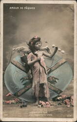 Amour de Pâques, Easter Cupid Girl with Bow and Arrow, Eggs Postcard